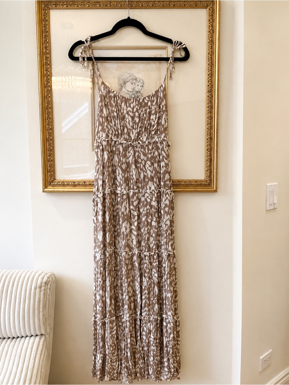 Kori Taupe and White Tiered Tie-Strap Midi Dress